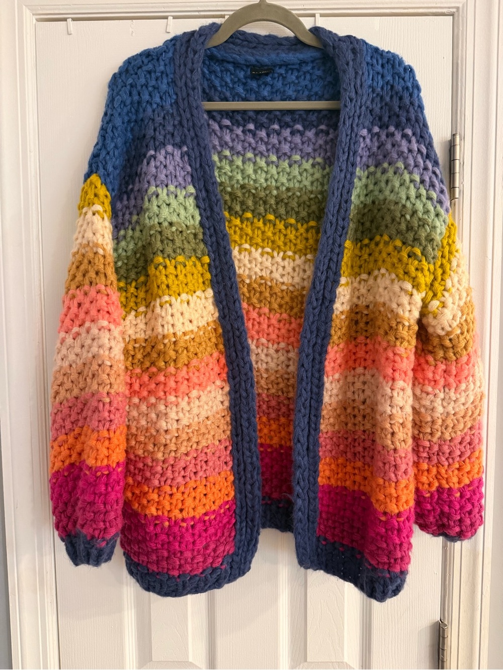SAACHI Multicolor Chunky Knit Stripe Cardigan with Navy Trim